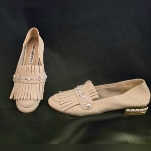 Karl Lagerfeld Beige Moccassin Loafers with Fringe and Pearl Accents